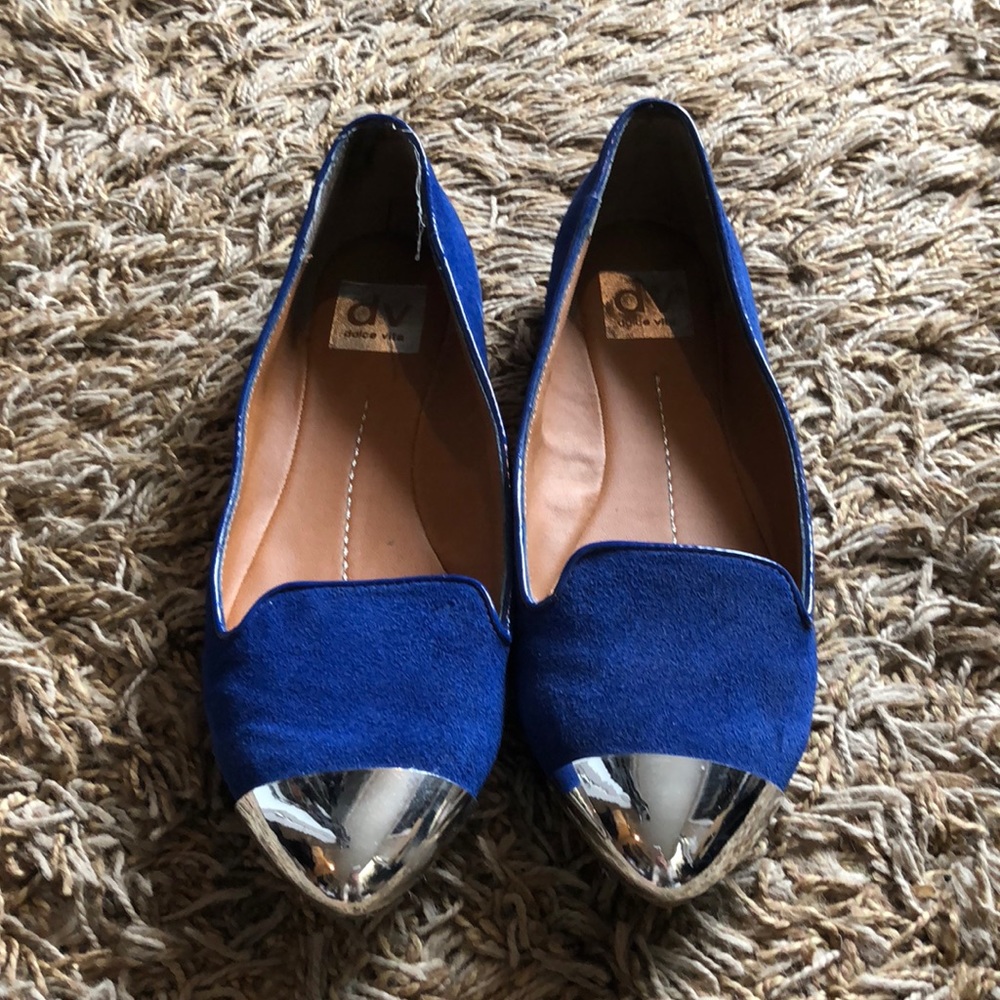 Blue suede flats with silver tip